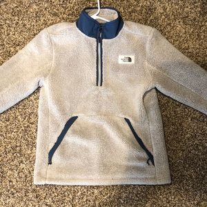 Men’s blue and tan north face Sherpa